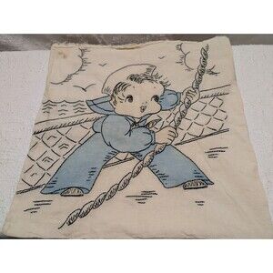 Vintage 1940s Hand Embroidered Flour Sack Cute Sailor Boy Collectable Rare